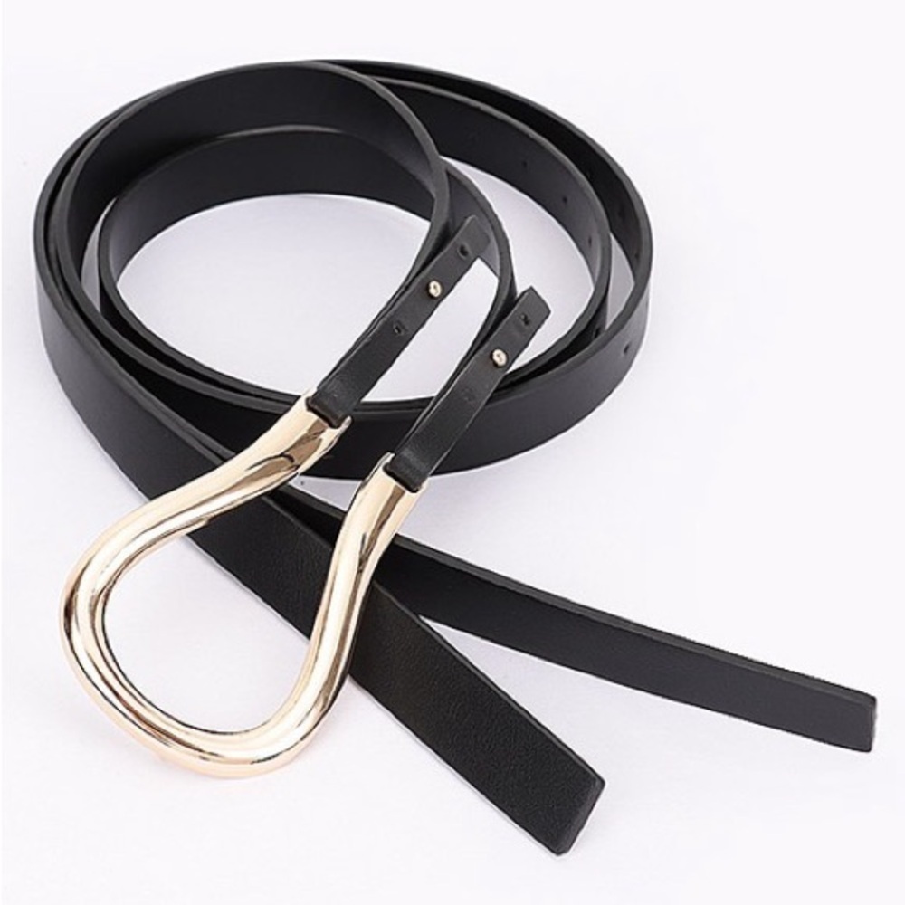 Black Leather Wrap Belt with Gold Sculpted Buckle - Picture 3 of 4